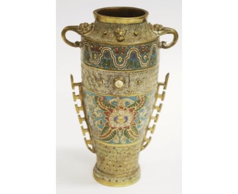 Vintage Japanese brass Champleve enamel vase with twin elephant handles, height 22cm approx.