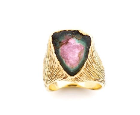 Rough cut gemstone and 18ct yellow gold ring tests as watermelon tourmaline. Marked 18ct Nadas. Approx weight 15 grams, ring 