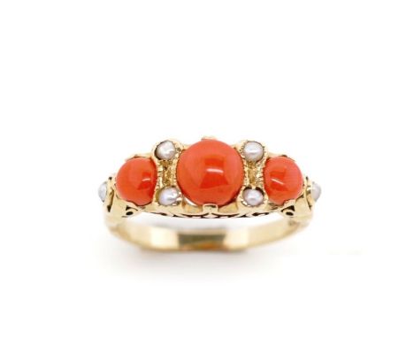 Coral and pearl set 9ct yellow gold ring marked 375. Approx weight 3 grams, coral size 2x 4.3mm and 5.9mm, ring size O