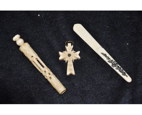 Antique carved ivory bookmark and cross stanhope C1910, the bookmark with a applied sterling silver floral decoration, togeth