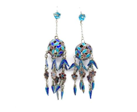 Chinese silver and cloisonne chandelier earrings circa 1920s. With shepherds hooks. Approx length 7cm