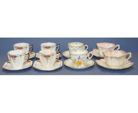 Eight Shelley / Wileman cup and saucers comprising of 4x Shelley 11497, 2x Shelley "Posie Spray" and 2x Wileman &amp; Co 5044