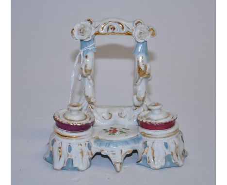 Victorian ceramic ink stand height 11cm approx., a/f