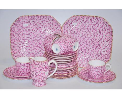 Quantity of Copeland Spode tea wares with pink &amp; white floral pattern, comprising 2 cake plates, 11 side plates, 8 saucer