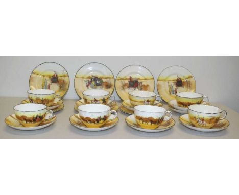 Eight Royal Doulton Coaching Days cup &amp; saucers comprising of 8 cups, 9 saucers and 7 side plates. Some damage.