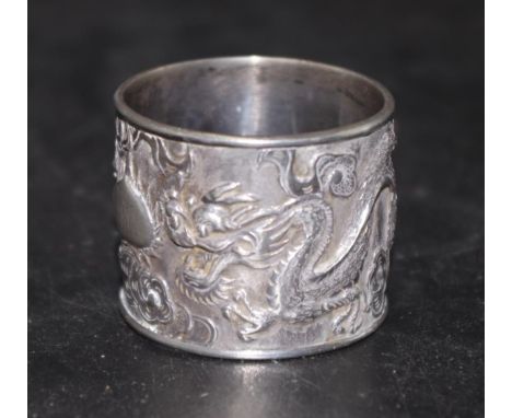 Vintage Chinese silver napkin ring embossed dragon decoration, (monogrammed), character marks to interior, (weight 40grams ap