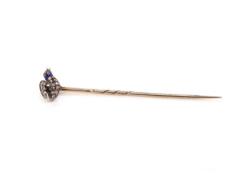 Antique diamond and enamel "duck' stick pin the old mine cut diamonds are set in silver. minor enamel loss