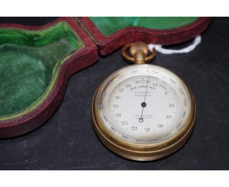 C19th Dolland London aneroid travelling barometer gilt cased, in original fitted leather case, height 7.5cm approx
