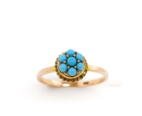 Turquoise and 9ct two tone gold ring turquoise set yellow gold raised setting on a 9ct rose gold ring. Marked 9ct top shank. 