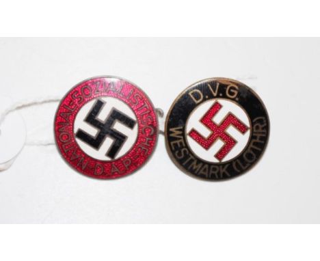 Two various German enamel member badges one National Sozialistische D.A.P, the other D.V.G Westmark (Lother.)