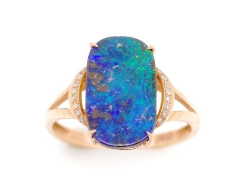Opal, diamond and 18ct rose gold ring marked 750, approx solid opal size 14.3mm x 8.8mm, shopping greens, blues and dark colo