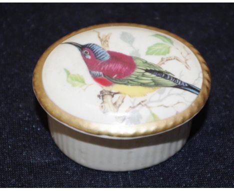 Aynsley hand painted trinket box hand painted bird decoration to lid, marked to base, (diameter 5cm approx).
