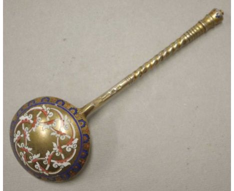 Imperial Russian silver gilt and enamel spoon with coronet finial, above twist handle and circular bowl, hallmarked 1876, 18.