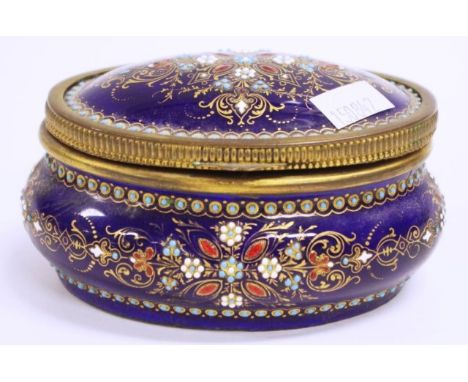 French decorative ceramic trinket box applied decoration on cobalt blue ground, lined interior, (length 11cm approx).