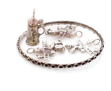 Victorian sterling silver bangle and silver charms bangle marked Birmingham 1887, SB &amp; Sld. Approx inside width 64mm, tot