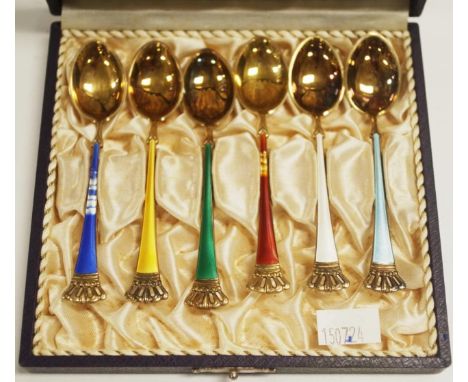 Cased set six Danish gilded silver coffee spoons each with enamel decorated handles, (weight 50grams approx, total). as inspe