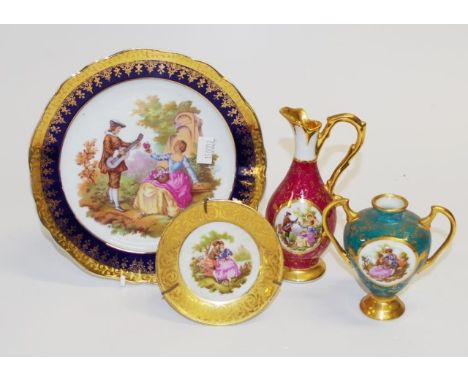 Four Limoges hand painted ceramic pieces including display plate, 2 various vases, and small pin dish.