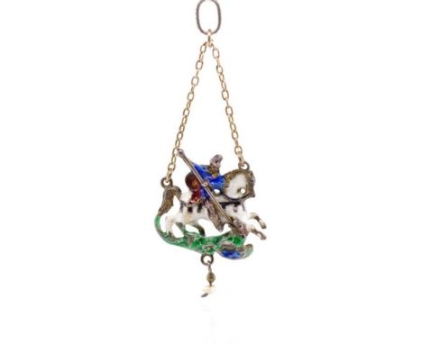 Antique renaissance revival pendant depicting St George and the dragon in enamel and silver (showing wear), and likely Austro