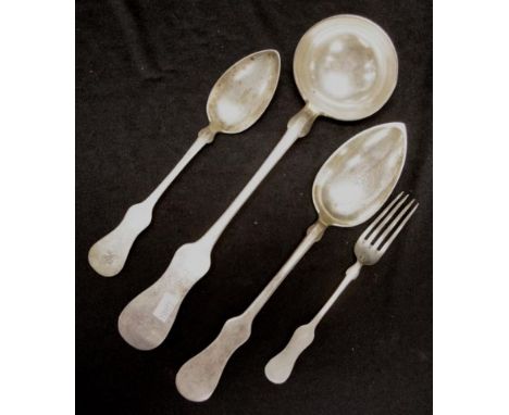 Four  Austro-Hungarian silver serving pieces including large soup ladle, and 2 various serving spoons, etc. (weight 420 grams