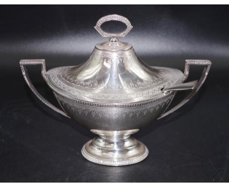 Good vintage silver plate lidded sauce tureen engraved decoration, marked to base and # 5311, (height 19cm approx); together 