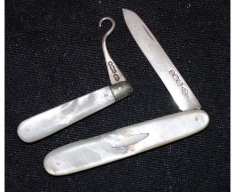 Sterling silver &amp; MOP pocket knife &amp; button hook hallmarked London 1900 and 1904