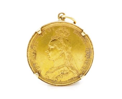 Victorian 1892 Sydney gold Sovereign pendant in an 9ct gold setting, partially struck mark to jump ring. Approx total weight 