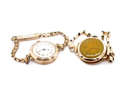 Two antique 9ct rose gold wrist watches for restoration. One marked Handley 9ct to case 15 jewels Swiss made to manual wind m