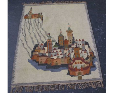 Hand made wool rug with architectural scenes, 155cm x 125cm approx