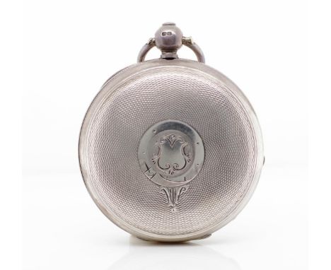 Victorian sterling silver fob watch with a well detailed engine turned case and engraved cartouche. Marked Stewart Dawson &am