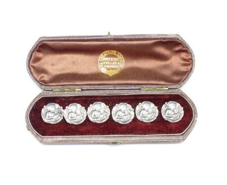 Six Edwardian case silver buttons chased with Orpheus with his lyre, marked Birmingham 1902 M Bros. Approx button dia. 16.5mm