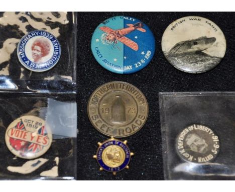 Five various early tin badges to include Aviation, 1915 Vote yes, 1918 British war tank, 1939 Missionary exhibition, and K of