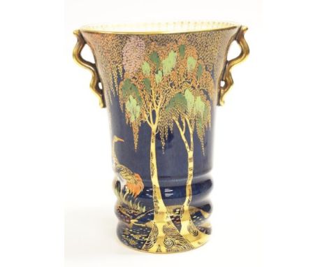 Carlton Ware 'Bleu Royale' mantle vase ibis decorated, (height 18cm approx).