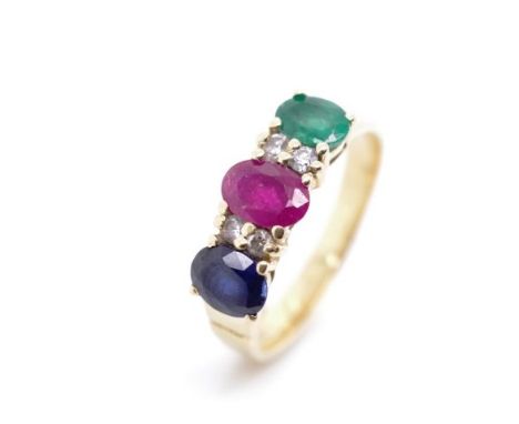 Multi gemstone set 18ct yellow gold ring marked 750. Valuation states 1x 0.47ct blue sapphire, 1x 0.47ct ruby, 1x 0.47ct emer