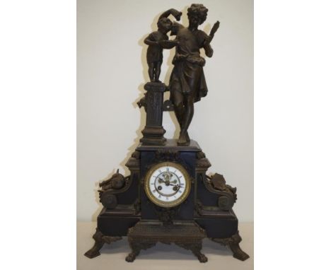 Antique French J.Marti figural mantel clock with 8 day visible escapement striking (bell) movement in slate and spelter case,