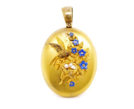 Victorian yellow gold locket with applied enamel forget me not flowers, bird with nest and seed pearls. Approx weight 20 gram