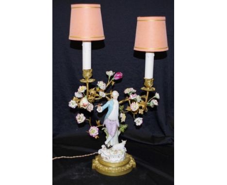 Antique Meissen figural candelabrum by Kaendler figure of a standing gentleman, supporting a gilt metal leaf form, with ceram