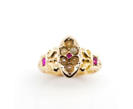 Victorian 15ct yellow gold ring set with seed pearls and rubies, marked 15ct Birmingham 1891. Approx weight 1.4 grams, ring s