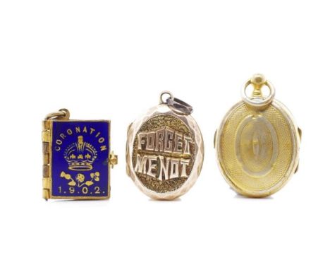 Three antique gilt metal lockets includes a Edward VII enamel and photograph book locket, "Forget me Not" / engraved buckle a