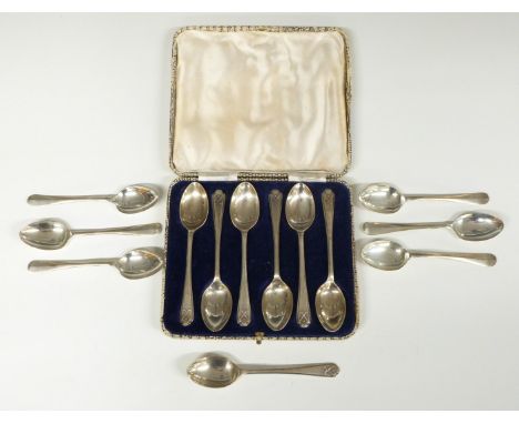 Cased set of six hallmarked silver Walker &amp; Hall golf spoons together with a further set of six hallmarked silver spoons 