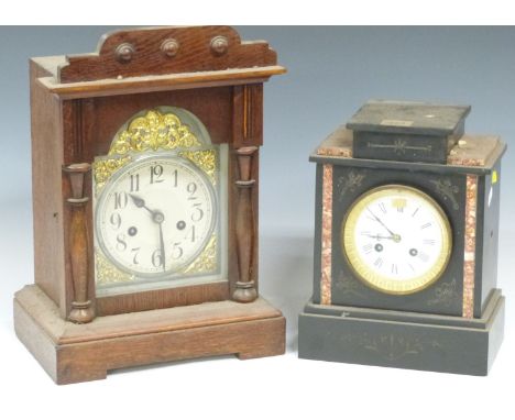 19thC slate and marbled mantel clock by Japy Freres, striking on a bell, 27cm tall, together with a c1910 oak mantel clock, 3