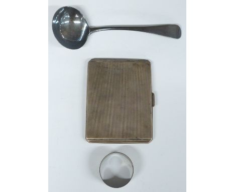 Art Deco hallmarked silver cigarette case with engine turned decoration, Georgian hallmarked silver ladle, length 18cm and a 