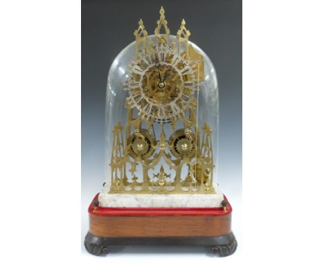 Victorian double fusee repeating brass skeleton clock in cathedral shape with Roman silvered chapter ring and Breguet style h