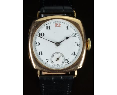 Swiss 9ct gold gentleman's wristwatch with inset subsidiary seconds dial, blued hands, Arabic numerals, white enamel dial, cu