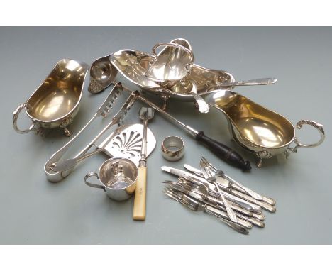 Collection of silver plated ware including asparagus tongs, double sided ladle with sieve, stilton scoop, christening mug wit