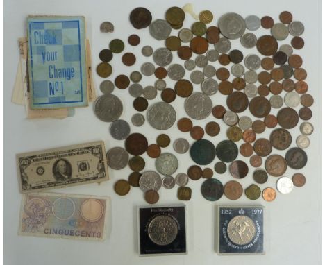 A small amateur collection of coins, small silver content, UK and overseas, in a vintage money box&nbsp;