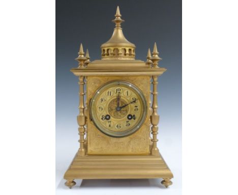 Brass cased French two train mantel clock with etched decoration to case, brass Arabic dial, pierced decoration to centre, be