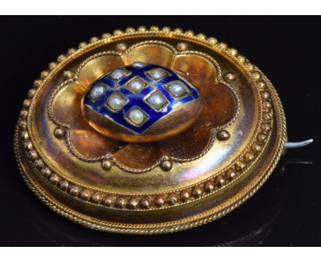 Victorian Etruscan Revival brooch set with blue enamel and seed pearls, 3.2 x 2.8cm, 6.7g&nbsp;