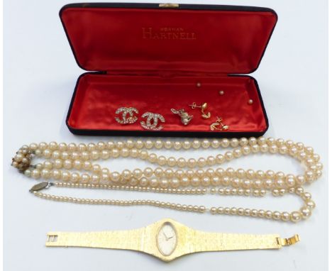 Two strands of faux pearls, earrings and a Tissot watch