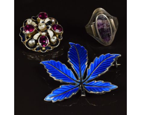 Norwegian silver brooch set with blue enamel, Austro-Hungarian brooch and a silver ring set with fluorite&nbsp;