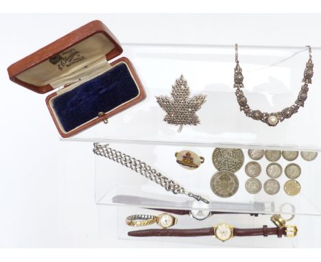 A silver necklace set with marcasite, silver coins, silver fob chain, vintage jewellery box, Amelia Carter watch, etc